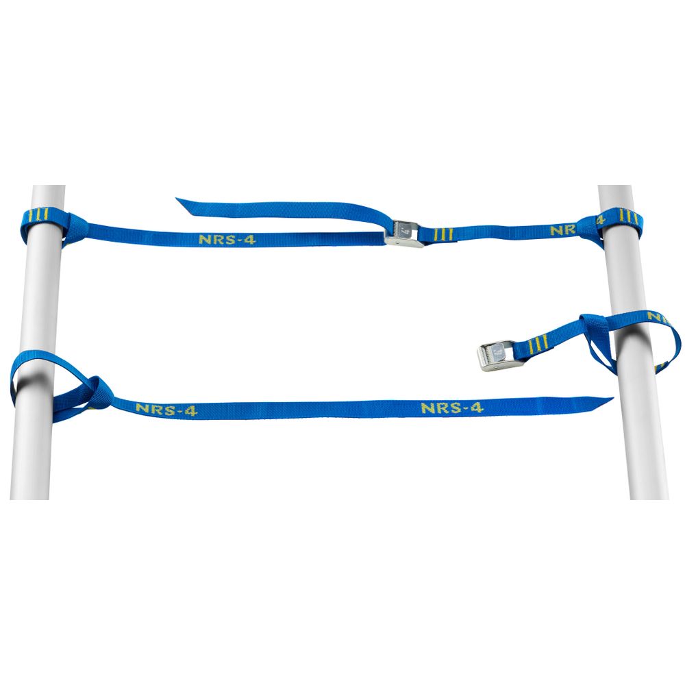 Two metal poles are secured with blue HD Loop Straps from NRS, each equipped with cam buckles and looped around the poles.