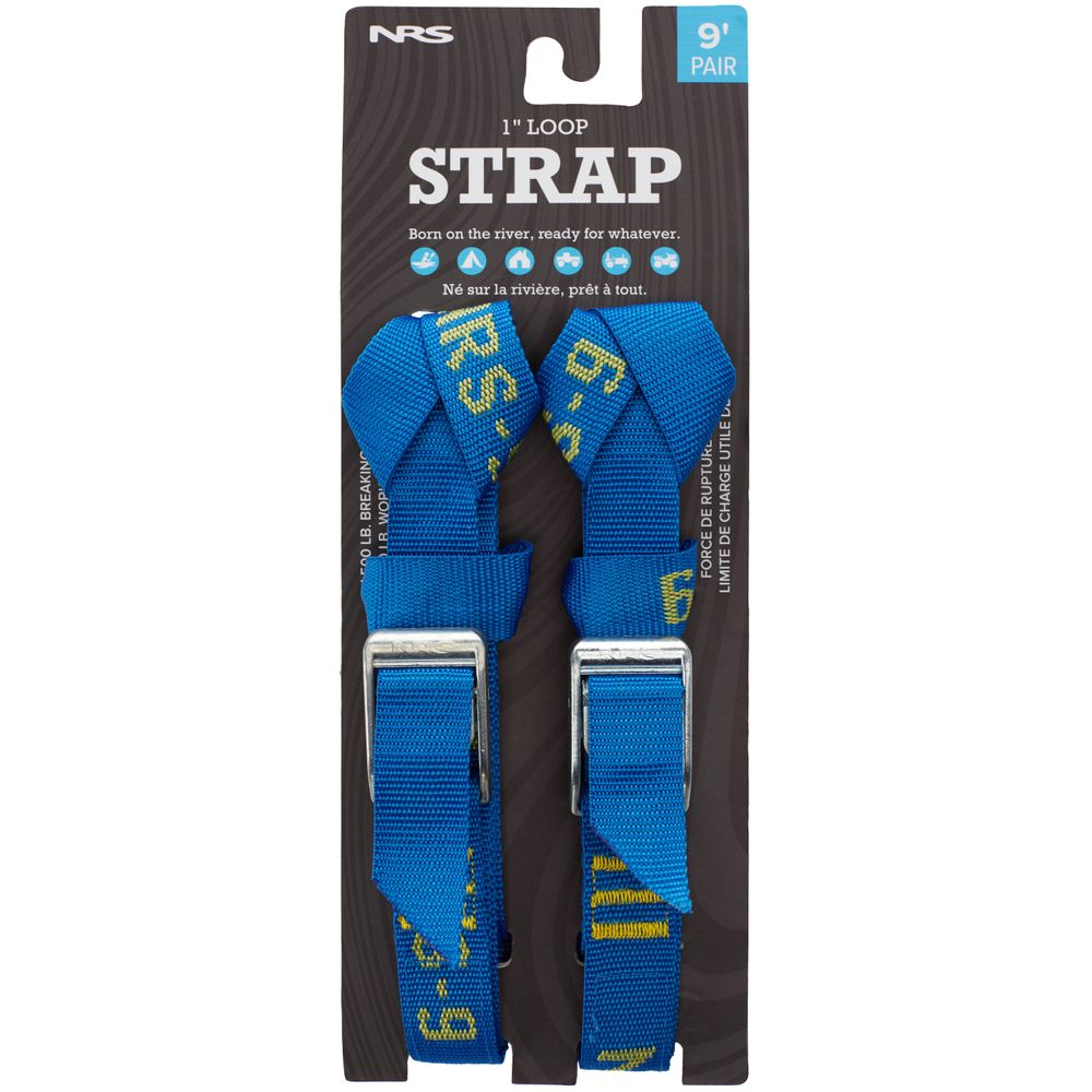 NRS HD Loop Straps, featuring 1-inch heavy-duty material with metal buckles, are labeled as "9' Pair" and packaged on a cardboard backing with English and French text.