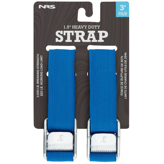 The packaging includes two NRS Heavy Duty 1.5in Wide Cam Straps in blue, featuring durable metal buckles with a 650 lb working load limit and 2000 lb breaking strength.