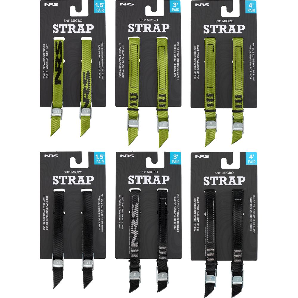 Six pairs of NRS Micro Straps 5/8" in green and black, made of durable polypropylene webbing, are packaged with strap lengths of 1.5, 3, and 4 feet.