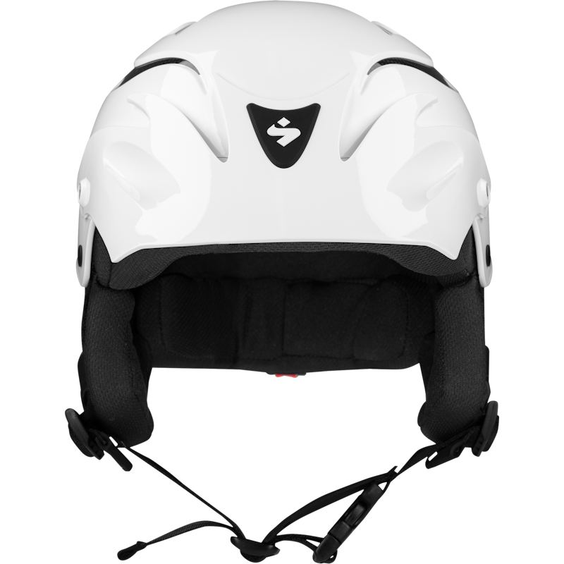 The Sweet Protection Rocker Helmet is a whitewater safety helmet featuring TLC Shell Technology. It offers a sleek design with a black visor, interior padding, front logo, and an adjustable chin strap for secure comfort.