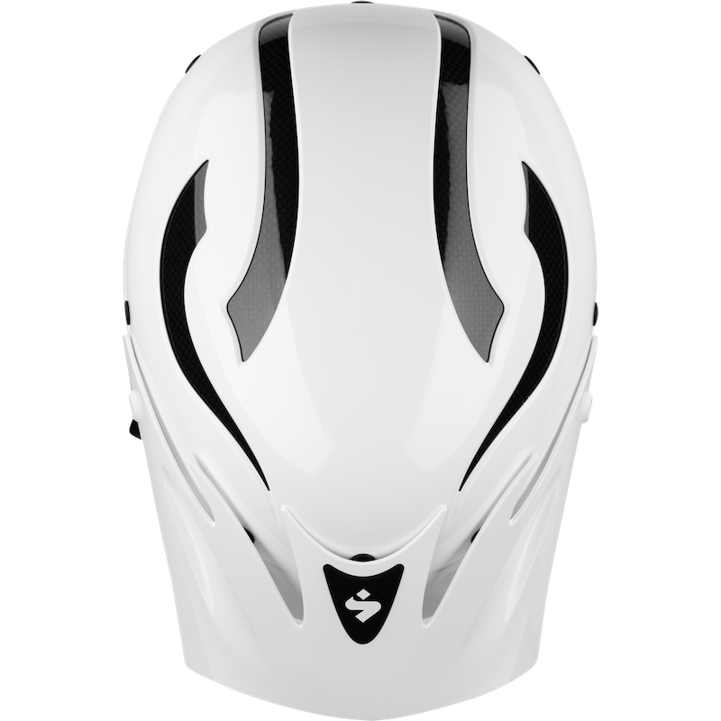 Top view of the Rocker Helmet by Sweet Protection, a white design with black aerodynamic detailing, crafted with TLC Shell Technology for superior performance.
