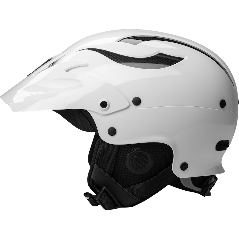 The Rocker Helmet by Sweet Protection is a white protective helmet with black interior padding, ventilation slits, and a chin strap. Designed for adventure enthusiasts, it features TLC Shell Technology to endure the demands of whitewater activities.