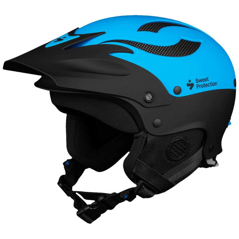 The Sweet Protection Rocker Helmet in blue and black features TLC Shell Technology, a visor, and a chin strap for optimal protection, making it perfect for intense conditions. Side view.
