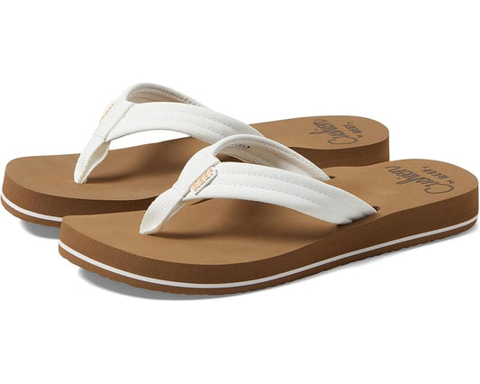 A pair of Cushion Breeze Reef Flip Flops by REEF featuring thick white straps and cushioned anatomical arch support, shown on a white background.