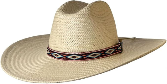 The Riverz Utah Hat by San Francisco Hat Company is a woven Techstraw cowboy hat with a wide brim and a geometric blue, white, orange, and black band. Enjoy UPF50+ sun protection while staying stylish outdoors.
