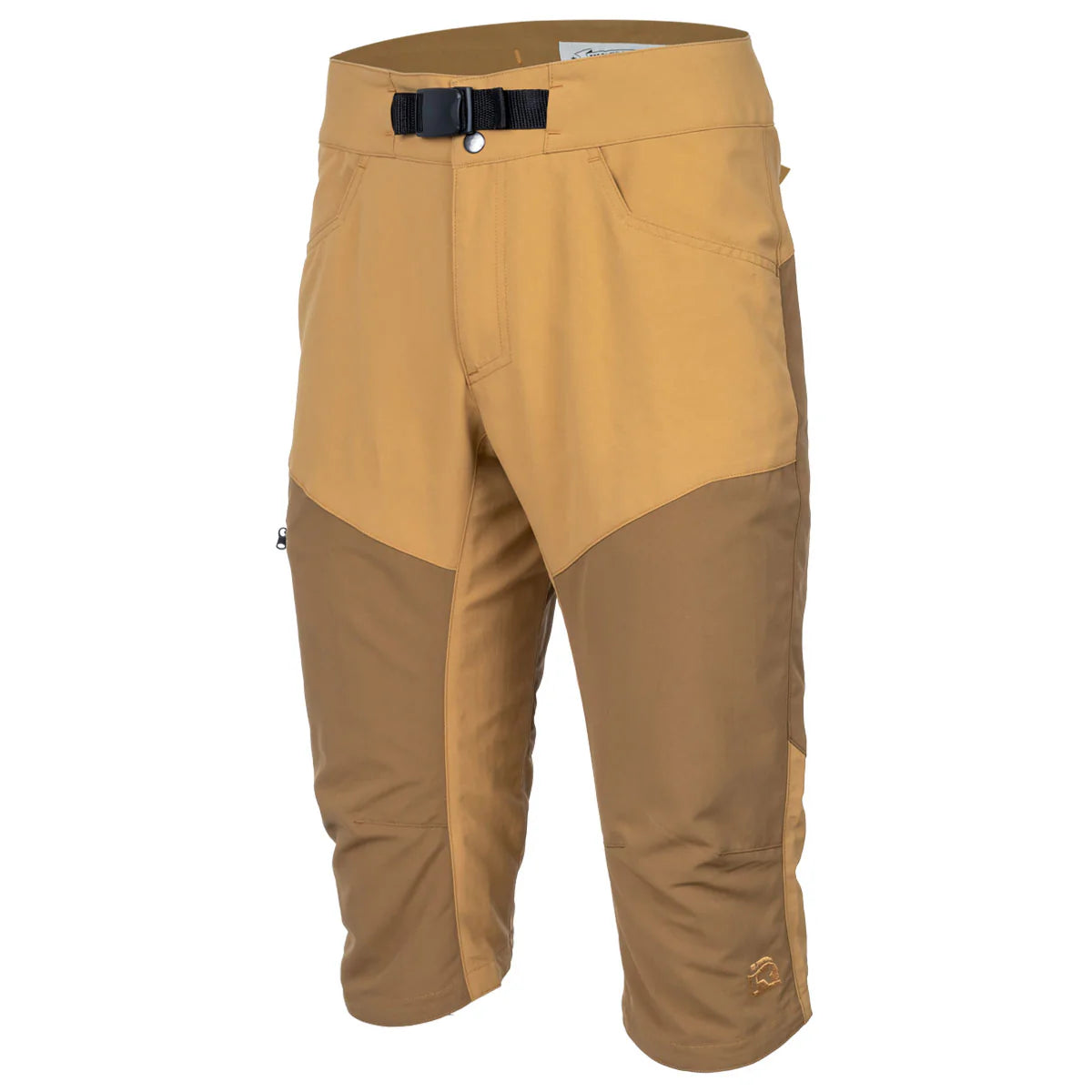 The Immersion Research Shinzer Shorts are tan and brown knee-length paddling shorts with front pockets, an adjustable webbing belt, and reinforced abrasion-resistant knee panels.