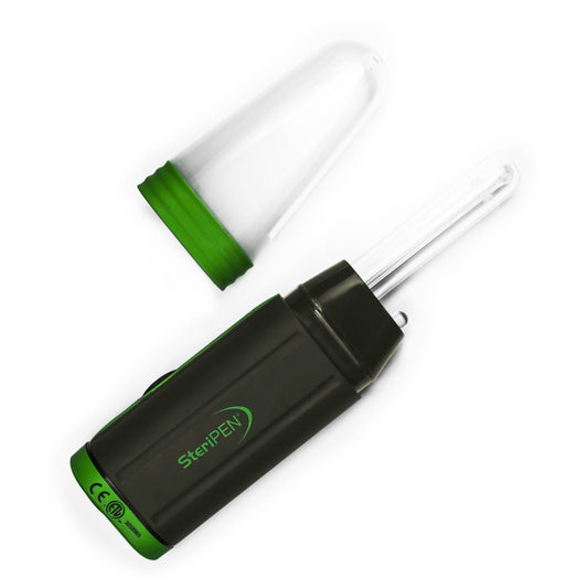 A portable Katadyn SteriPen Adventurer Opti water purifier with its cap off displays the ultraviolet light wand used for sterilizing water.