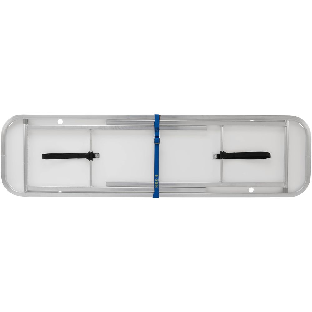 The NRS Campsite Counter has a corrosion-resistant aluminum backboard with two black straps and a blue handle, perfect for enhancing your river kitchen or campsite setup.