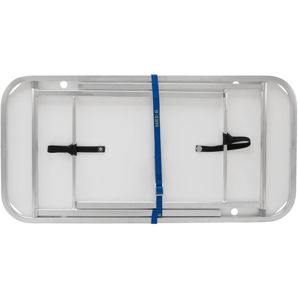Aerial view of the NRS Campsite Counter's rectangular, corrosion-resistant aluminum frame with a white surface and blue/black center straps for secure attachment—ideal for enhancing your river kitchen setup.