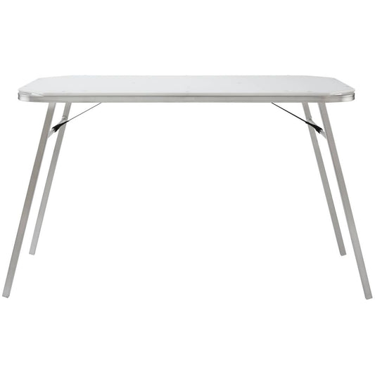 The Campsite Counter by NRS is a rectangular glass table featuring angled metal legs made from corrosion-resistant aluminum, perfect for a stylish river kitchen setup.
