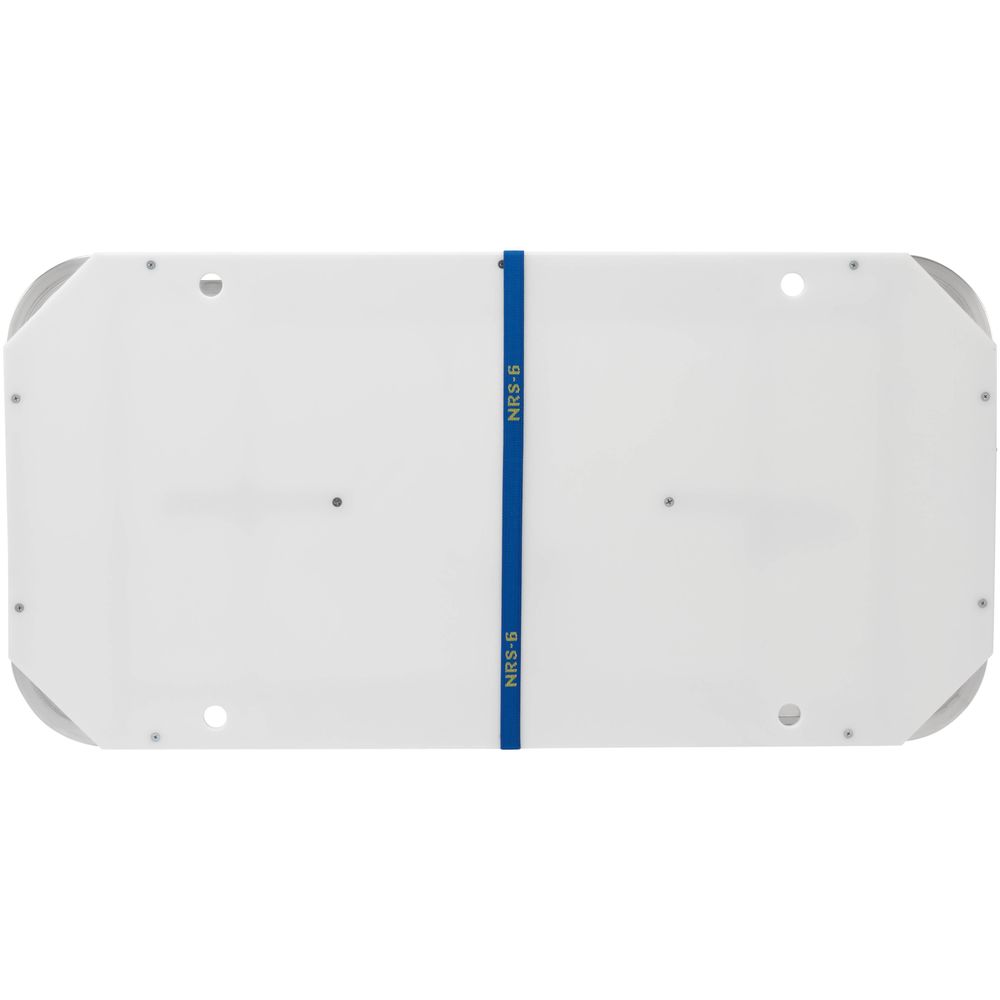 The NRS Campsite Counter is a rectangular white aluminum panel with rounded corners, small holes at the edges, and a central vertical blue stripe. It's crafted from corrosion-resistant materials.