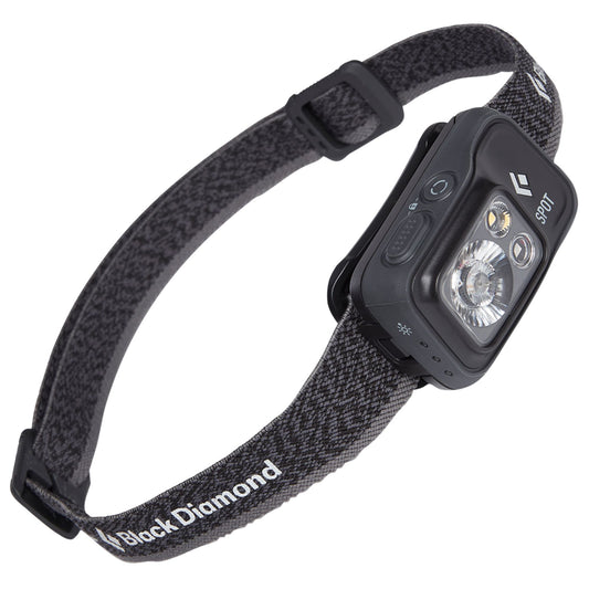 The Black Diamond Spot 400 Headlamp features a black adjustable fabric strap, multiple front LEDs delivering up to 400 lumens, and a dual-battery system for extended use.