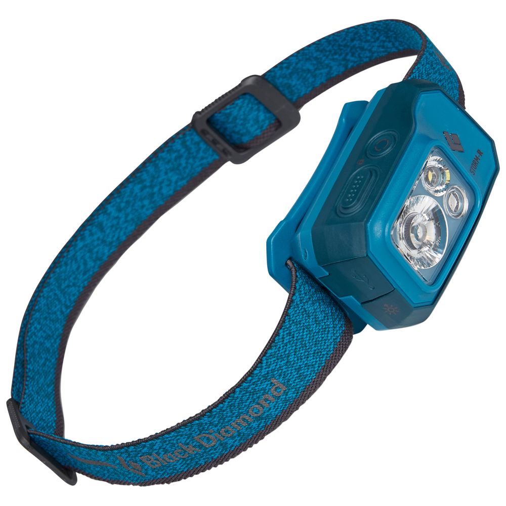 The Black Diamond Storm 500R Rechargeable Headlamp features an adjustable strap and three front-facing LEDs.