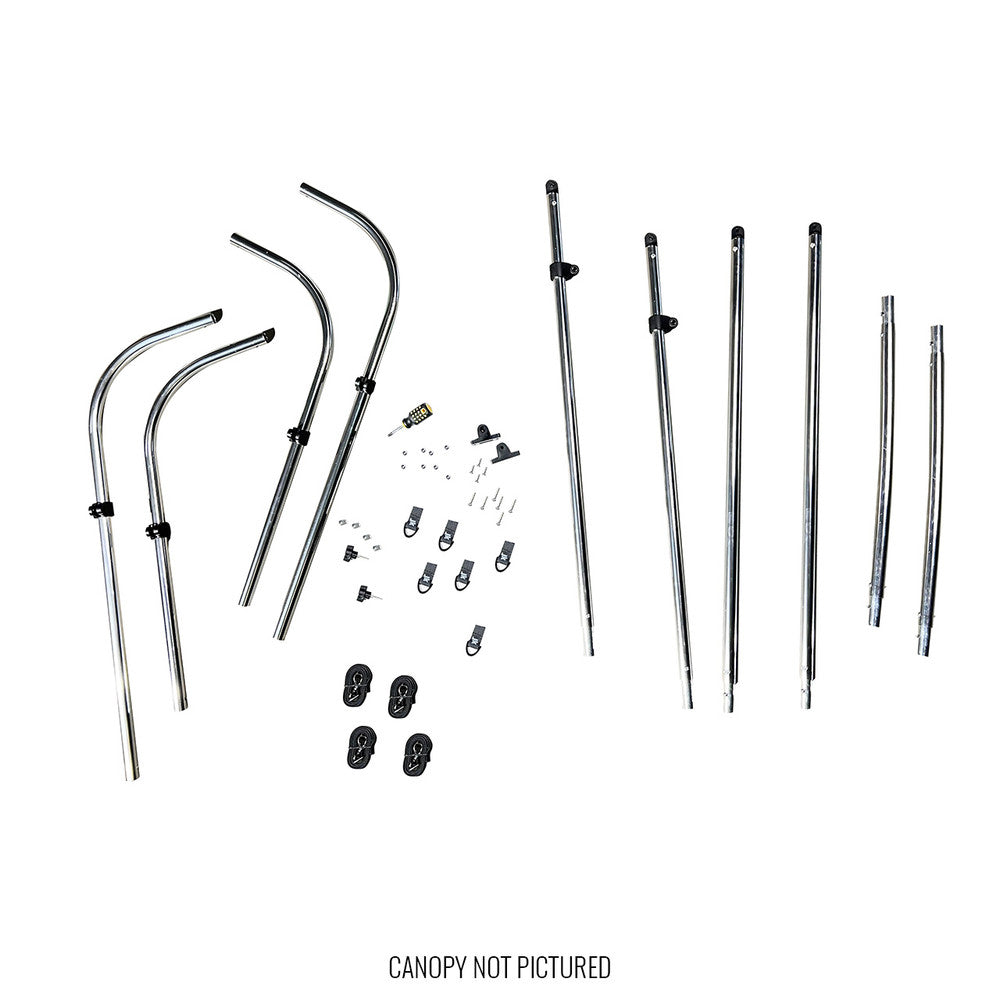 Jackson Kayak Bluesky Bimini kit hardware—assorted metal poles, brackets, screws—are displayed on a white background; the canopy and sun shade are not included in the image.