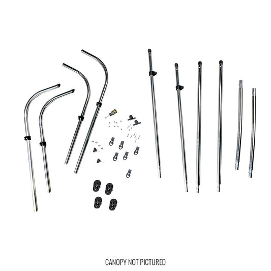 Jackson Kayak Bluesky Bimini kit hardware—assorted metal poles, brackets, screws—are displayed on a white background; the canopy and sun shade are not included in the image.