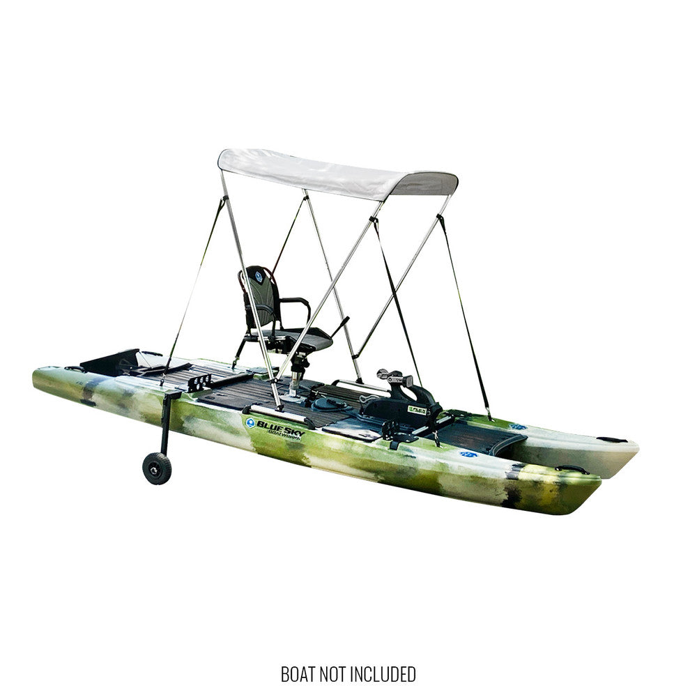 A Jackson Kayak Bluesky Bimini kit in gray, with mounted seat and small transport wheels; kayak not included.