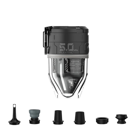 The Flextail MAX PUMP 3 is a compact black and transparent air pump with strong 5kPa pressure, perfect for packrafting, shown on a white background with six interchangeable nozzles arranged in a row below it.
