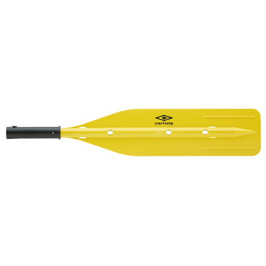The Carlisle XHD Outfitter Oar Blade features a yellow high-impact synthetic blade with a black handle grip and attachment holes, ensuring water-resistant takedown for rugged water adventures.