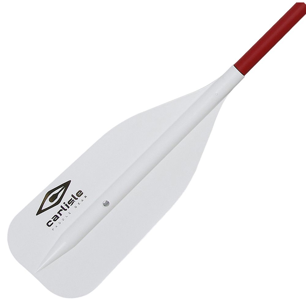 The Carlisle Standard Raft / Canoe Paddle features a vibrant red handle, a sleek aluminum shaft, and a distinctive logo on its white blade.
