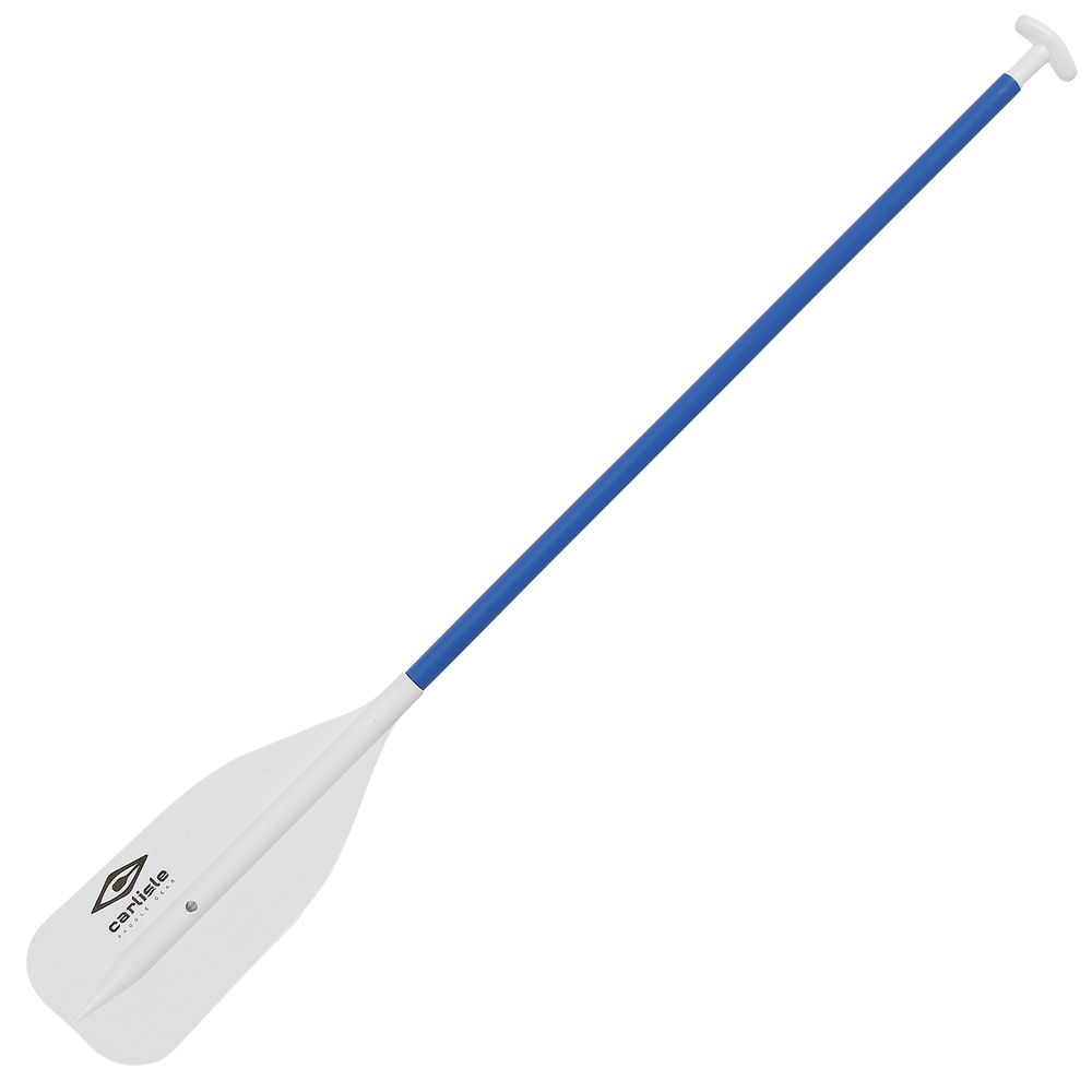 A Carlisle Standard Raft/Canoe Paddle with a T-grip handle, aluminum shaft, and logo on its blue and white blade.