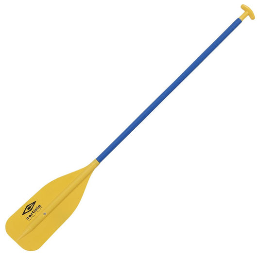 A Standard Raft / Canoe Paddle branded by Carlisle, featuring an aluminum shaft and a blue and yellow blade with the Carlisle logo.