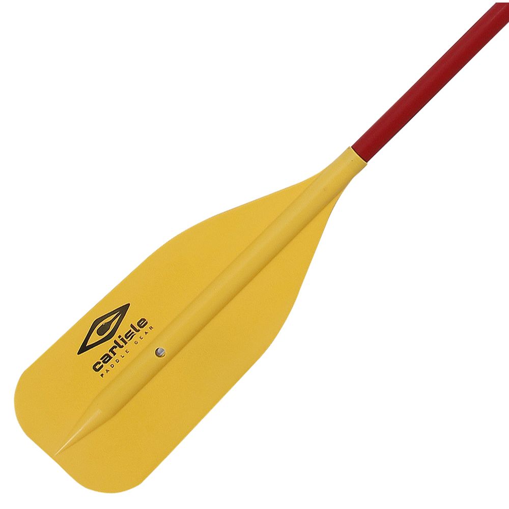 The Carlisle Standard Raft/Canoe Paddle features a durable aluminum shaft, yellow blade, red handle, and showcases the Carlisle logo.