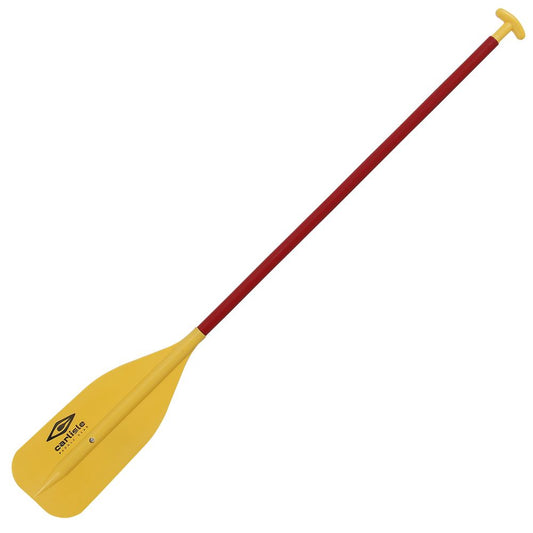 A single yellow and red canoe paddle featuring the "Carlisle" logo on the blade, designed with a durable aluminum shaft for enhanced performance.