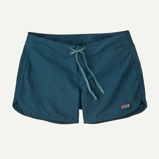 The Patagonia Baggies Shorts 5 in. for women are blue, made from recycled nylon with a lace-up front and a subtle right leg logo patch, ideal for any short adventure day.