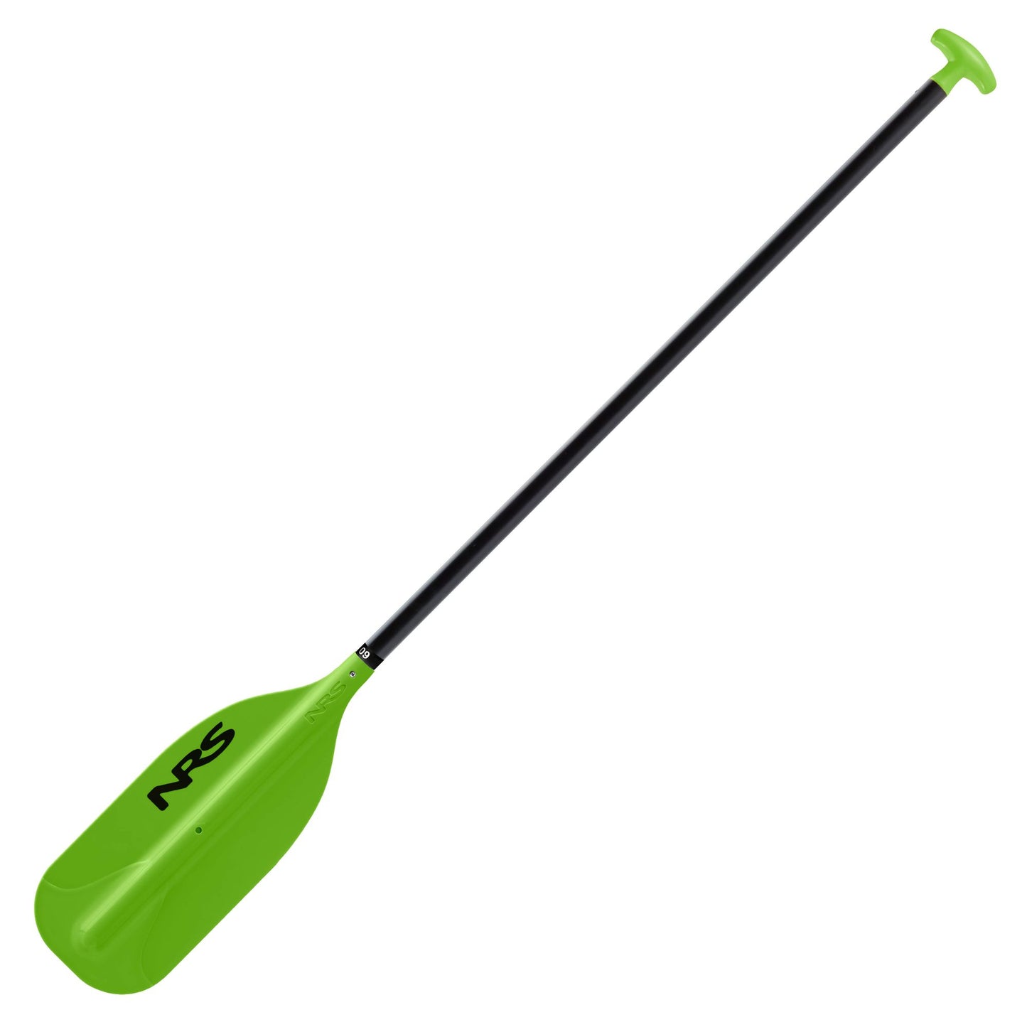 The NRS PTC Raft / Canoe Paddle, featuring a green and black design and a T-grip handle, is ideal for canoeing or whitewater rafting and is displayed against a white background.