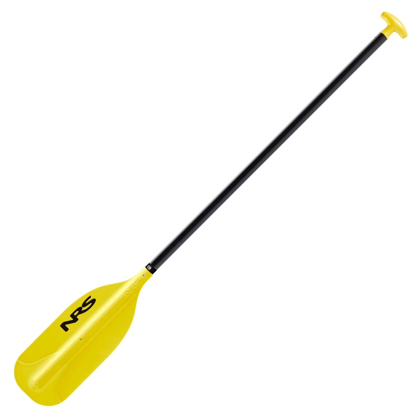 The NRS PTC Raft / Canoe Paddle features a yellow and black design, T-grip handle, and wide flat blade—ideal for canoeing or whitewater rafting. Isolated on a white background.