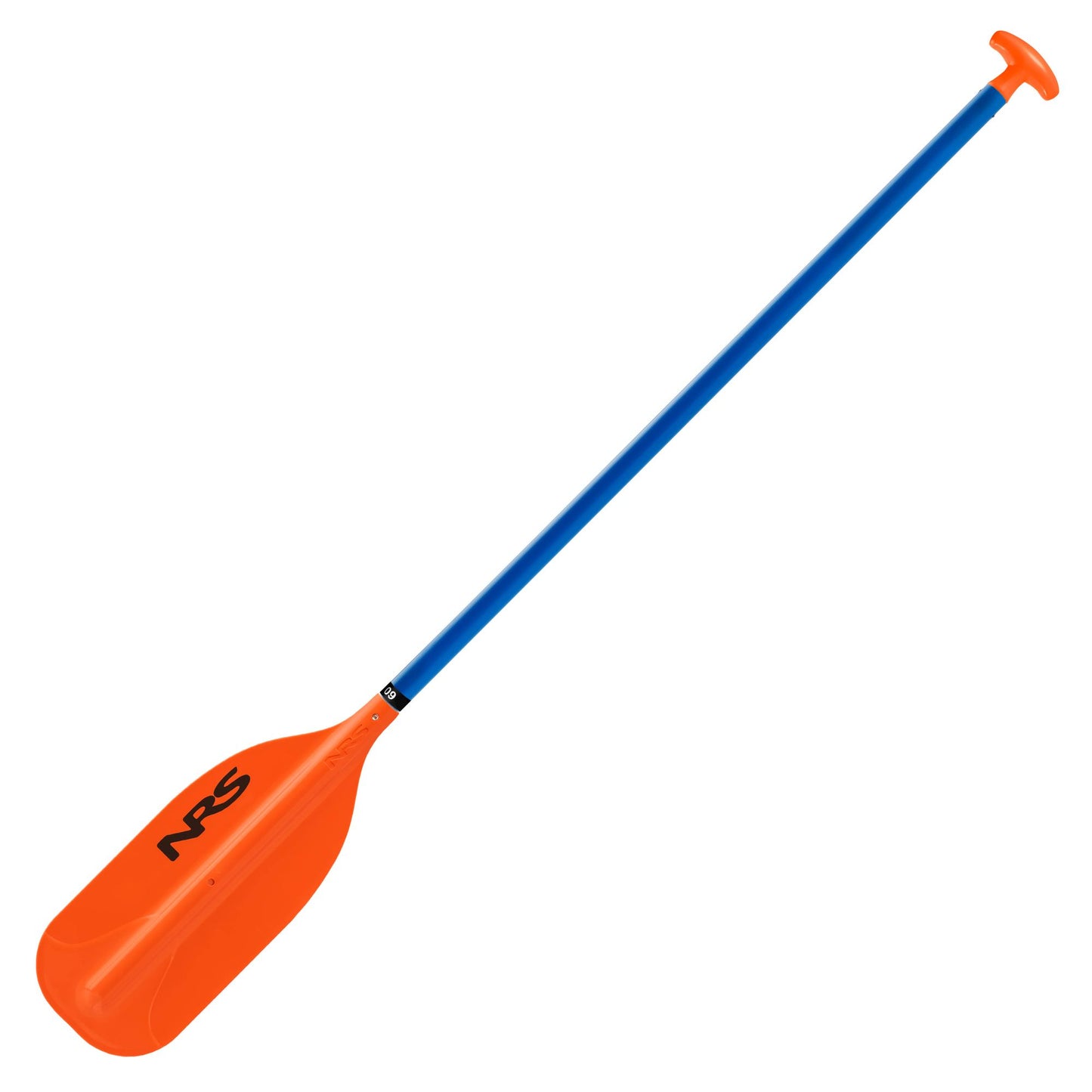 The NRS PTC Raft / Canoe Paddle features a blue and orange design, a T-shaped handle, and the NRS logo on the blade—perfect for canoeing or whitewater rafting.