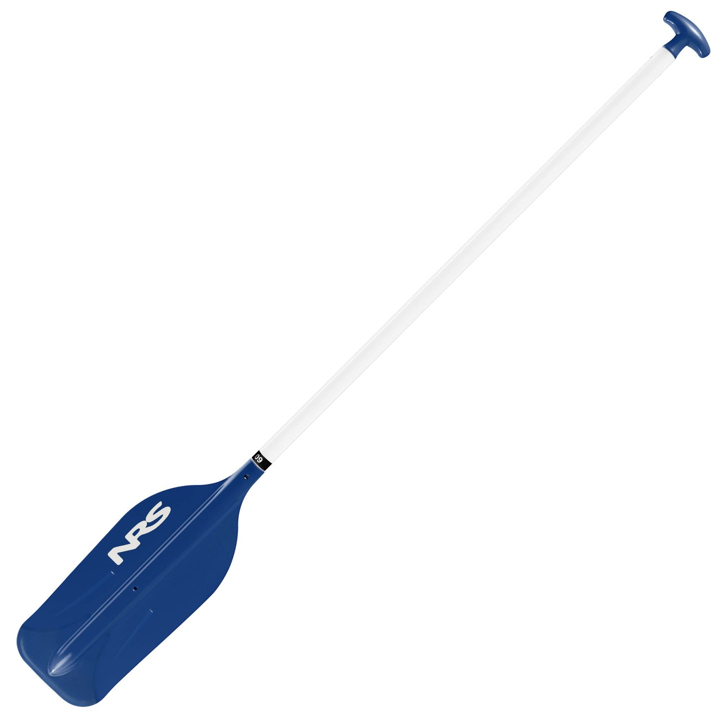 The NRS PTC Raft / Canoe Paddle is a blue and white paddle with a flat blade and T-grip handle, ideal for whitewater rafting or canoeing, and features the NRS logo on the blade.