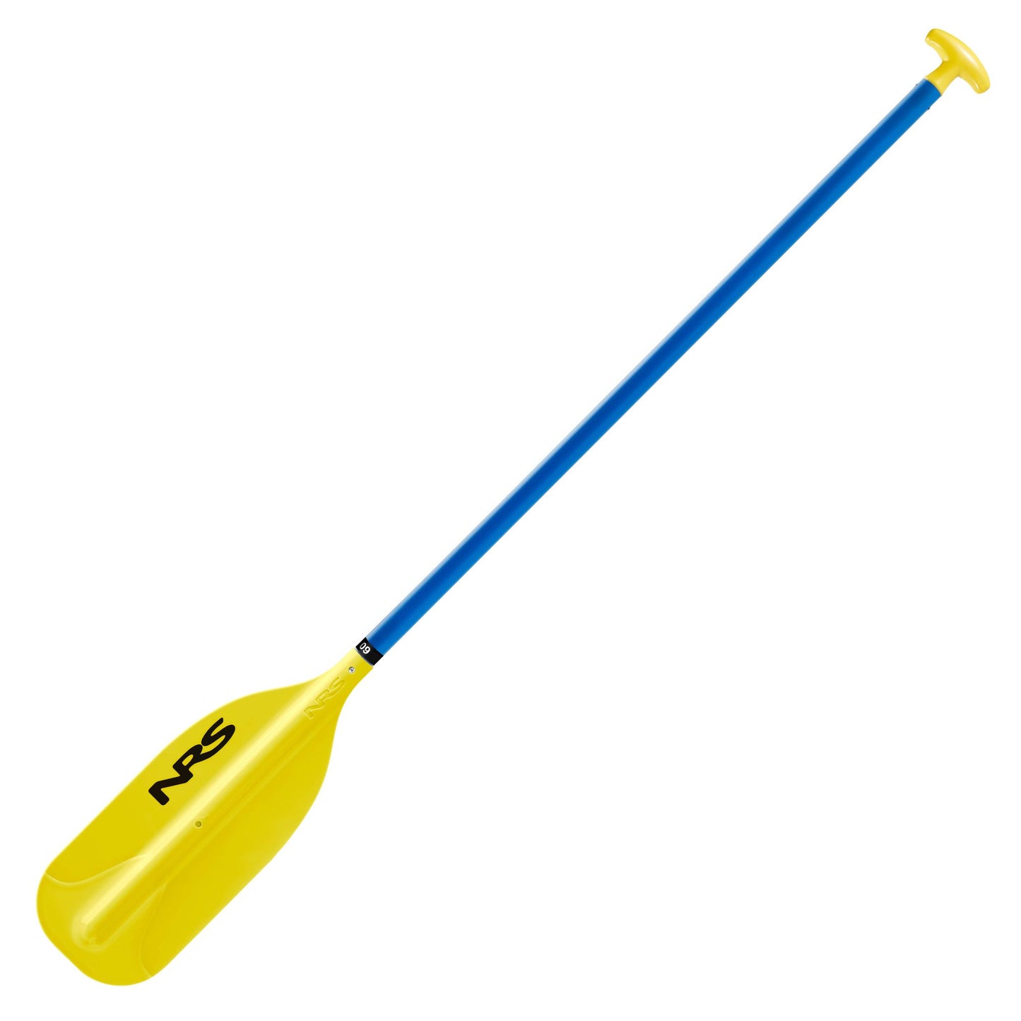 The NRS PTC Raft / Canoe Paddle features a blue and yellow design, a T-grip handle, and the NRS logo on the blade—built for durability in canoeing or whitewater rafting.