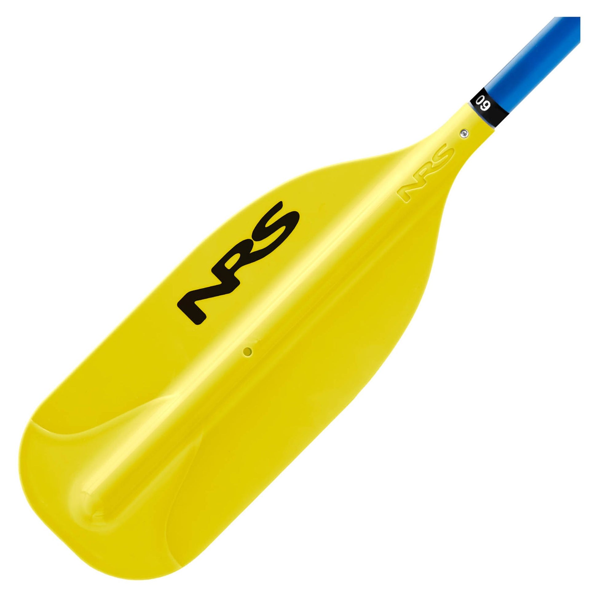 The NRS PTC Raft / Canoe Paddle features a yellow blade with the black NRS logo and a blue shaft—ideal for canoeing or whitewater rafting.