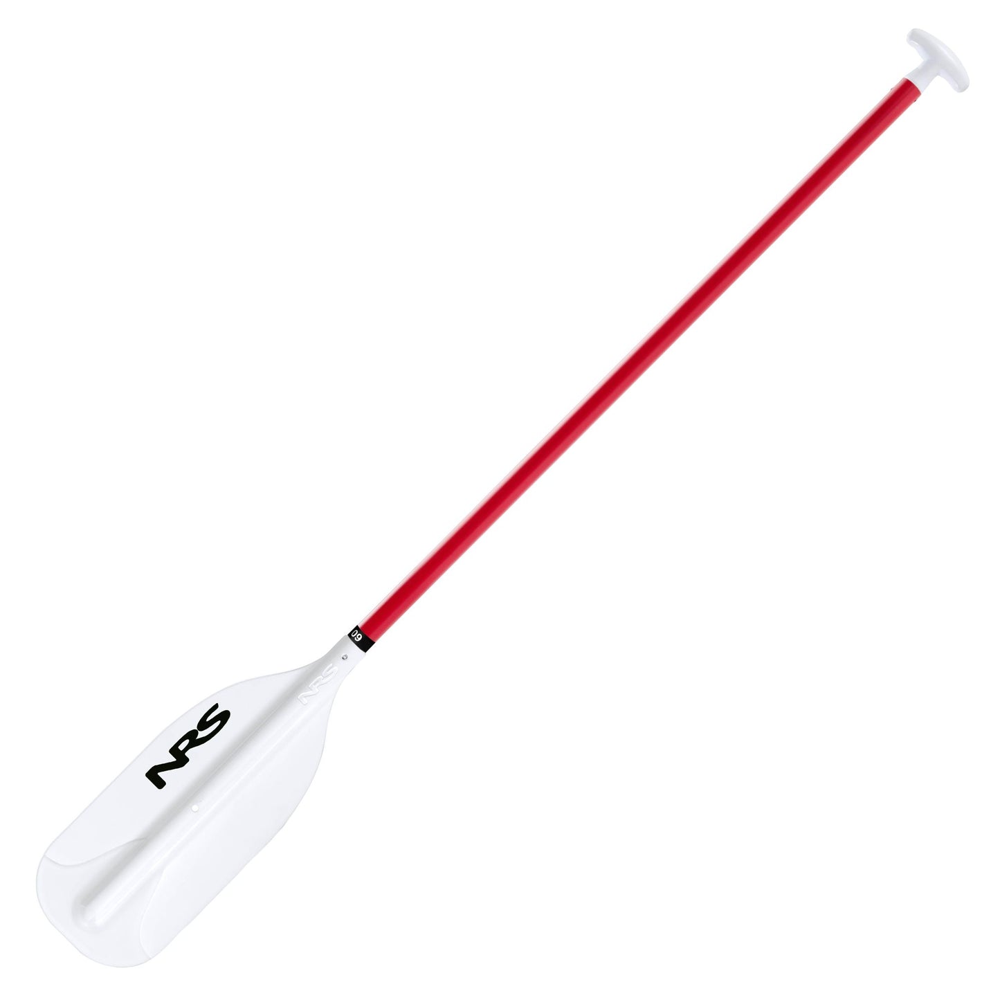 The NRS PTC Raft / Canoe Paddle features a red handle, white blade, black NRS logo, and T-grip—ideal for canoeing or whitewater rafting. Shown on a white background.