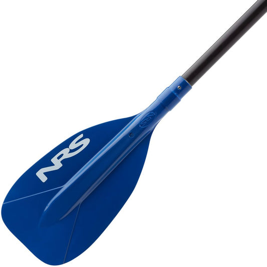 Close-up of the PTS Adjustable SUP Paddle by NRS, showcasing a blue blade with "NRS" on it and a black adjustable shaft ideal for recreational paddlers.