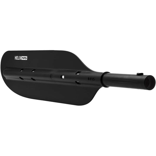 A black kayak paddle blade with an asymmetrical shape, featuring the NRS brand name and called the Helix Oar Blade.