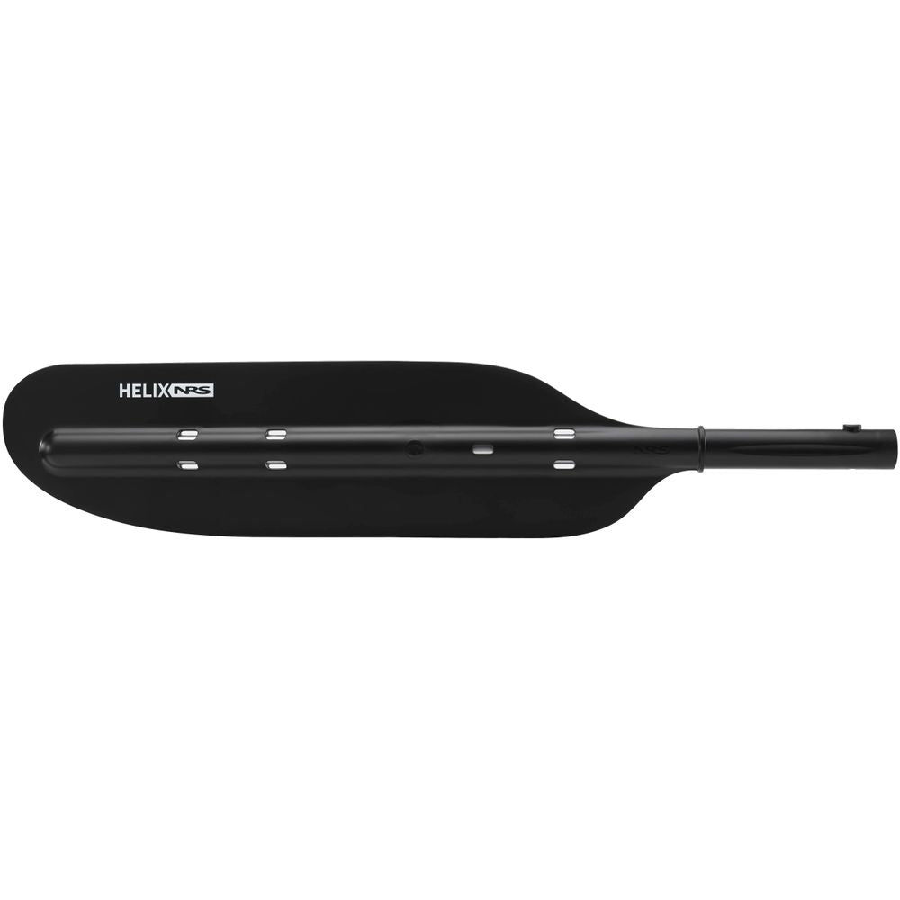 The NRS Helix Oar Blade, featuring an asymmetrical design and labeled "Helix NRS," includes a cylindrical shaft attachment with a carbon fiber spline for improved strength and performance.