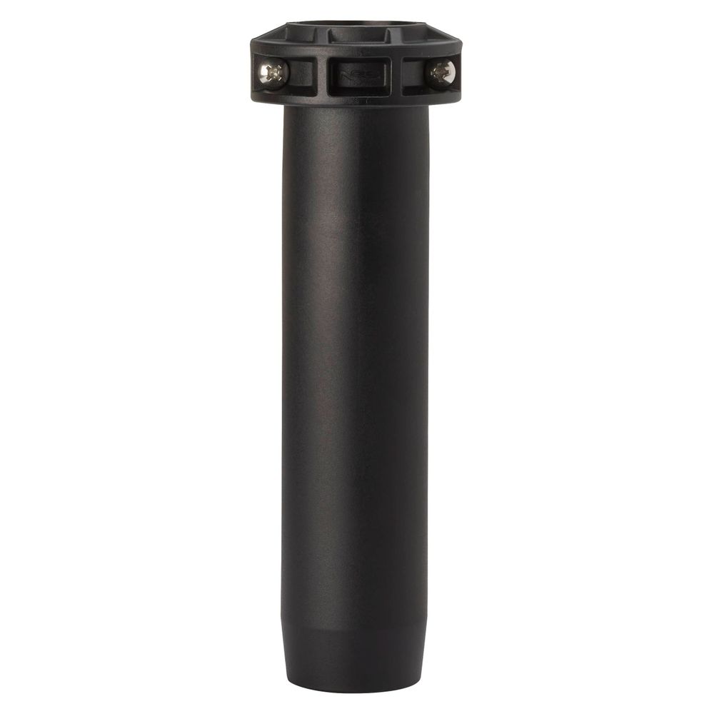 The NRS Molded Oar Sleeve, a black cylindrical object with a flat top and bolt holes, is crafted from injection molded polyethylene for durability and precision.
