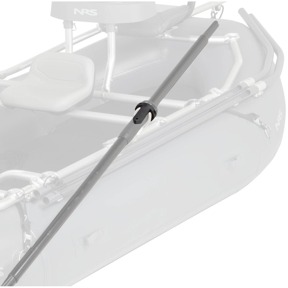 A Carlisle Oar Right with a molded oar sleeve is securely resting in an oarlock on a partially visible inflatable boat.