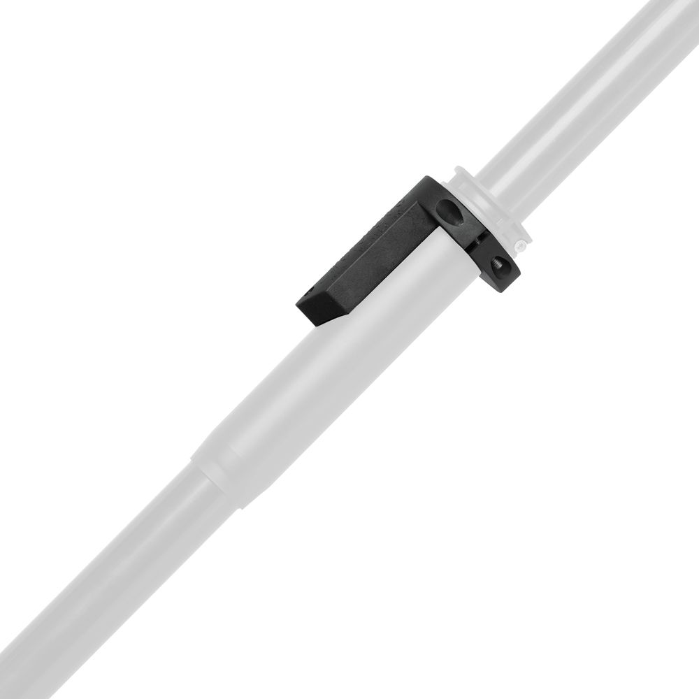 A close-up of the Oar Right by Carlisle, featuring a white rod with a black rectangular bracket and molded oar sleeve, showcasing the precise design typical of Carlisle oars.
