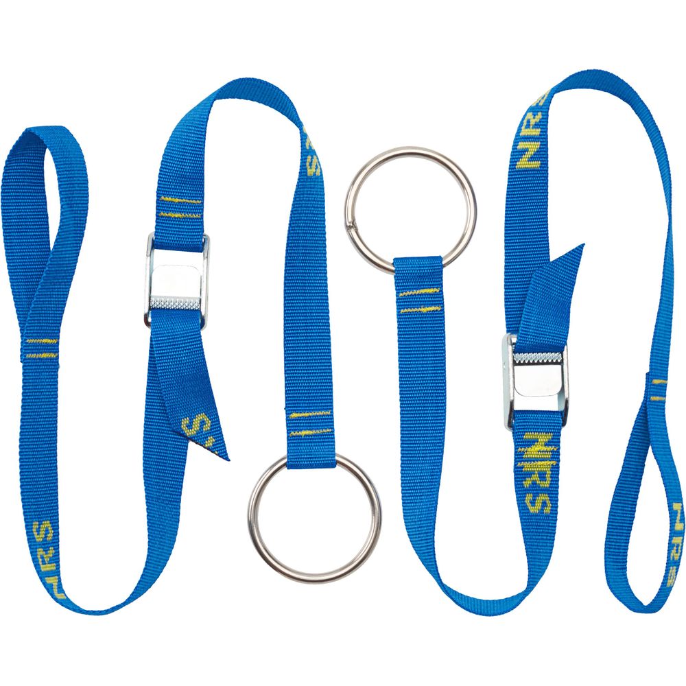 NRS Oar Tethers displayed flat on a white background, featuring blue fabric straps with yellow "NRS" text, stainless steel rings, and cam buckles.