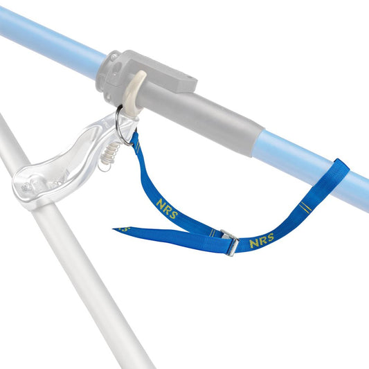 The NRS Oar Tethers feature a blue and white mount with a clear plastic clamp, a durable cam buckle, and a sturdy blue strap labeled "NRS" that secures to the frame.