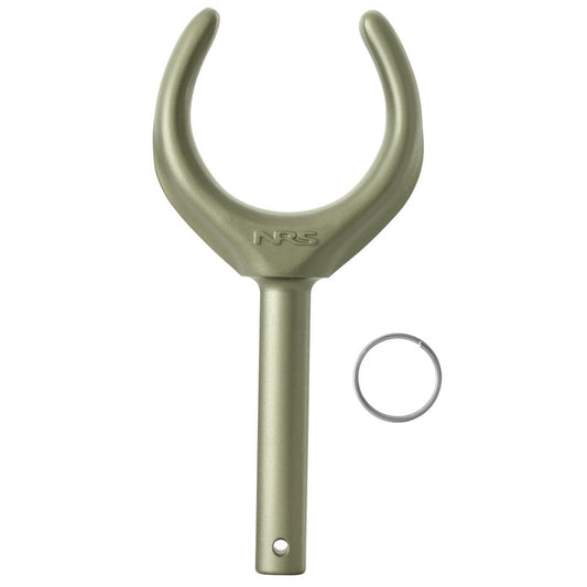 The NRS Atomic Oarlock is a lightweight, durable metal oarlock with a U-shaped design, cylindrical handle, and small side ring, shown on a white background.