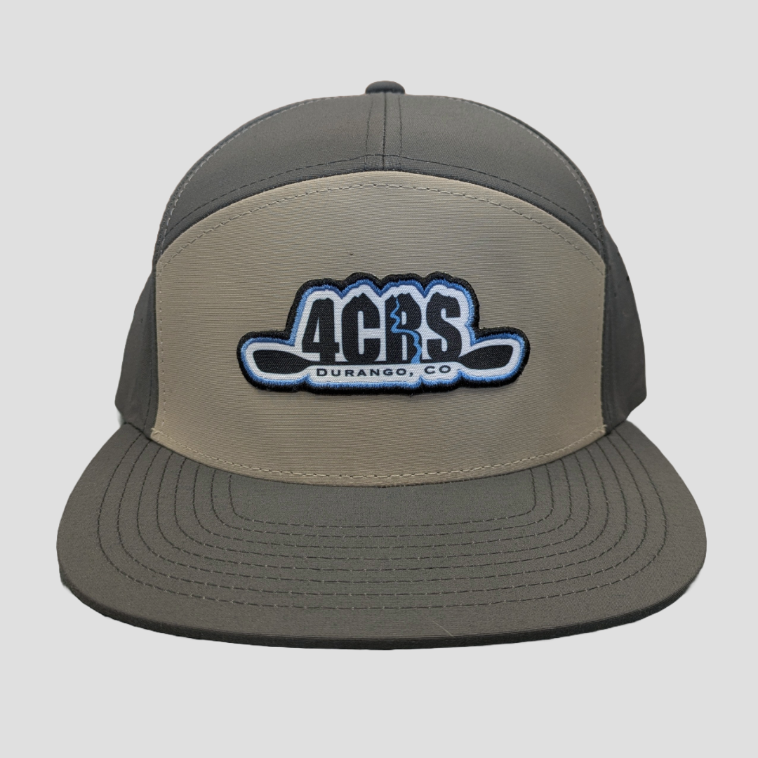 Gray and beige 7-panel performance hat by 4Corners Riversports, featuring "4CRS Durango, CO" embroidered on the front.