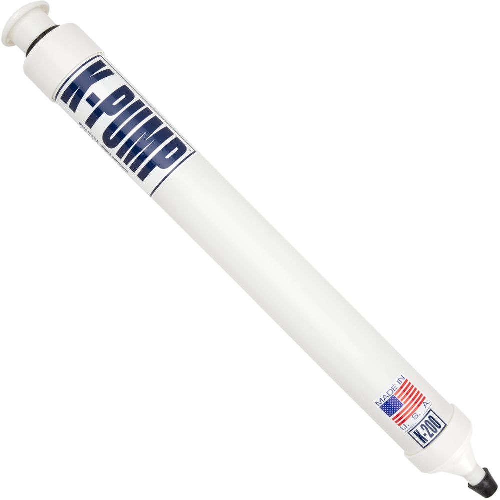 The NRS K-Pump 200, featuring an ergonomic design and nozzle, proudly labeled "Made in USA" and "K-Pump," is ideal for inflatable boat valves.
