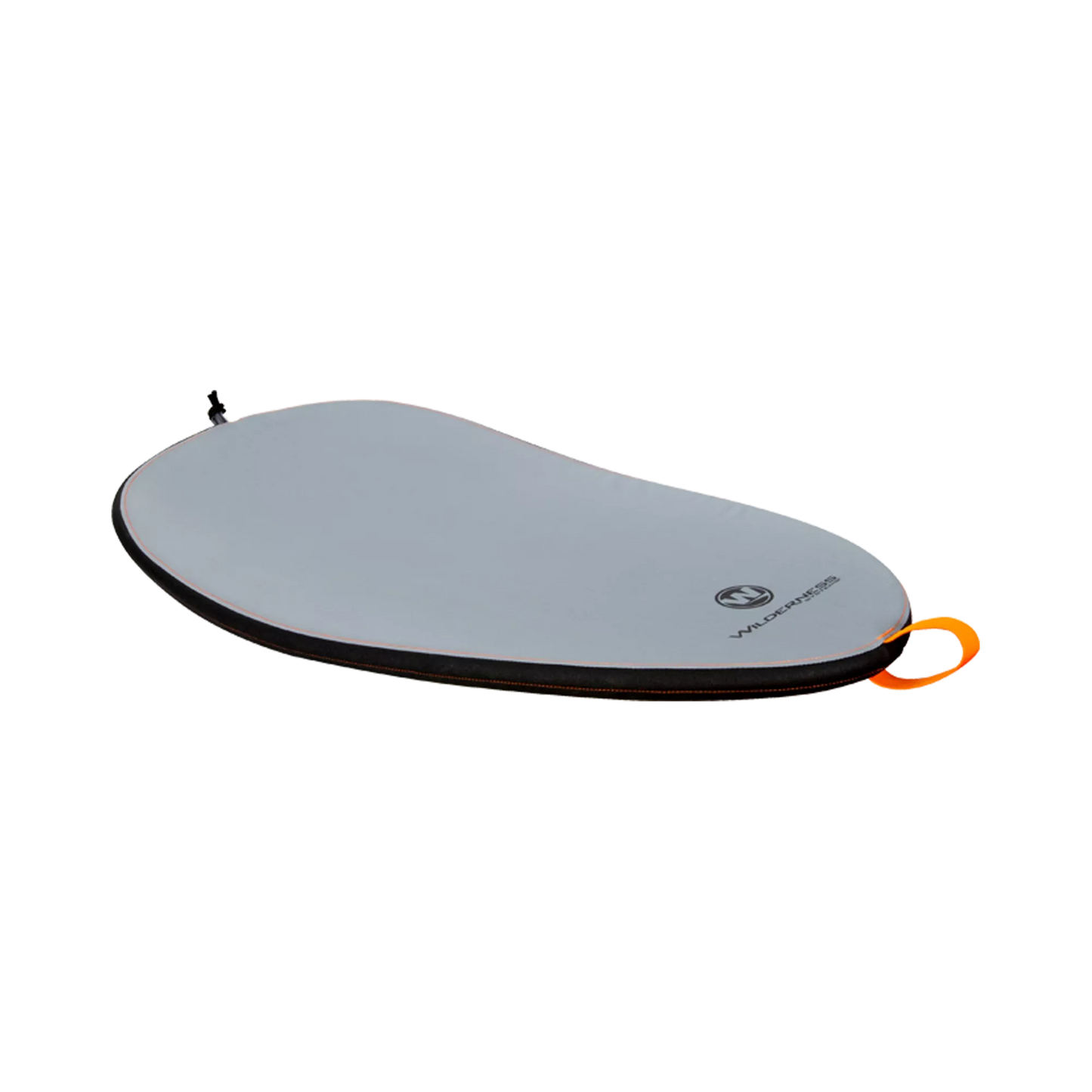 A teardrop-shaped gray and black object with an orange loop, featuring a logo, made from durable urethane coated nylon. This TrueFit W Cockpit Cover by Wilderness Systems ensures a snug fit for your kayak.