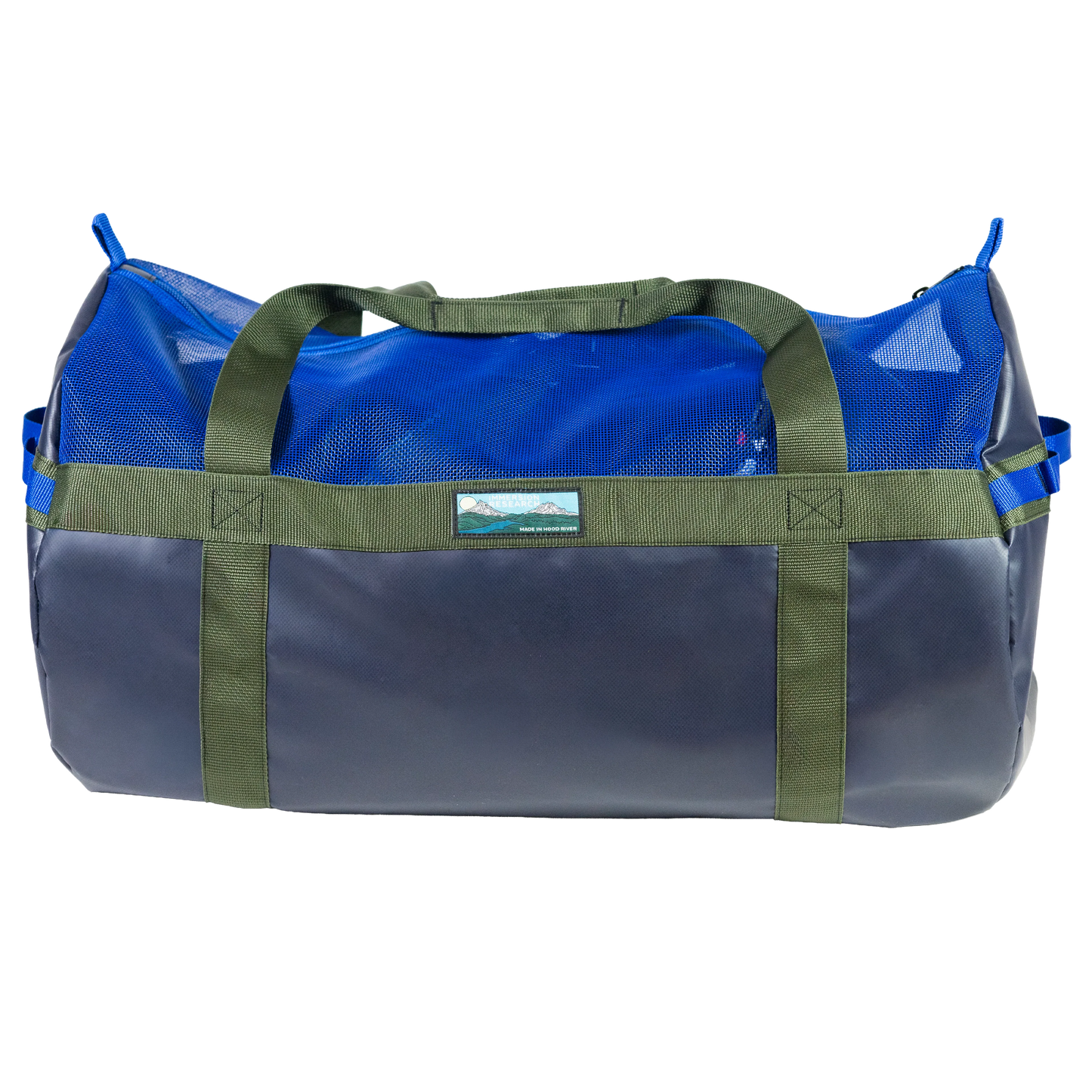 The Immersion Research World Class Gear Bag features blue and navy colors, green straps, a small front rectangular patch, and is made from abrasion-resistant material, shown against a plain white background.