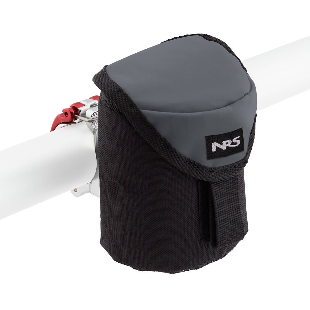 A black and gray NRS bag is secured to a white bar using the innovative ClampIt Drink Holder and a red clamp.